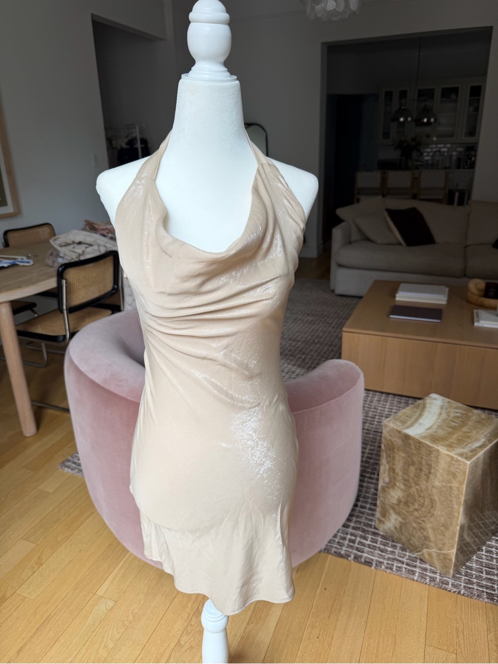 Zara Halter Cowl Mini Dress in Nude Beige